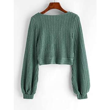 ZAFUL Women's Pullover Ribbed Batwing Lantern Sleeve Knitwear Knitted Crop Top Solid Round Neck Long Sleeve T-Shirt Green