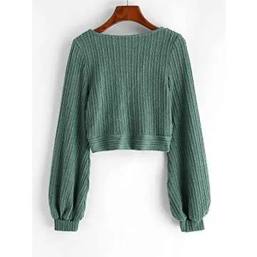 ZAFUL Women's Pullover Ribbed Batwing Lantern Sleeve Knitwear Knitted Crop Top Solid Round Neck Long Sleeve T-Shirt Green