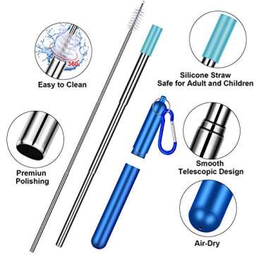 Reusable Straws Stainless Steel, Collapsible Metal Straws Drinking Straw Portable Telescopic Straw with Portable Travel Case, Carabiner, Cleaning Brushes, 2 Pack (Royalblue & Purpleblue)
