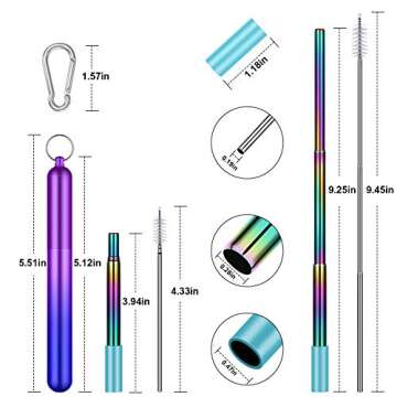 Reusable Straws Stainless Steel, Collapsible Metal Straws Drinking Straw Portable Telescopic Straw with Portable Travel Case, Carabiner, Cleaning Brushes, 2 Pack (Royalblue & Purpleblue)