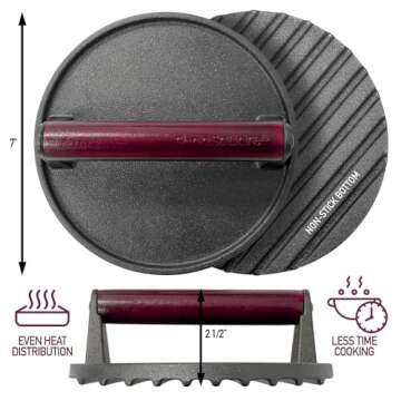 Cast Iron Bacon Press 7" Round & Rectangle 8"x4" Cast Iron Grill Press - Meat Press for Bacon, Steak, Burgers and Sandwiches - Non-Stick Griddle Press with Cool-Touch Wood Handle