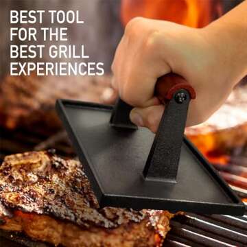 Cast Iron Bacon Press 7" Round & Rectangle 8"x4" Cast Iron Grill Press - Meat Press for Bacon, Steak, Burgers and Sandwiches - Non-Stick Griddle Press with Cool-Touch Wood Handle