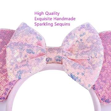 Unisex Mouse Ears Headbands With Bow & Snowflake & Sequins, for Cartoon Princess Costume Cosplay Decoration, Glitter Christmas Party for Girls & Women & Adult; FG1 (Soft Flannel Pink)