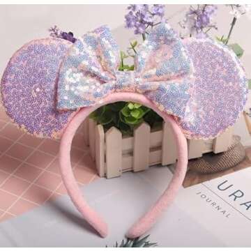 Unisex Mouse Ears Headbands With Bow & Snowflake & Sequins, for Cartoon Princess Costume Cosplay Decoration, Glitter Christmas Party for Girls & Women & Adult; FG1 (Soft Flannel Pink)