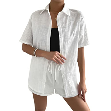 MakeMeChic Women's Stylish 2-Piece Casual Outfit - Comfortable Short Sleeve Blouse & Short Set