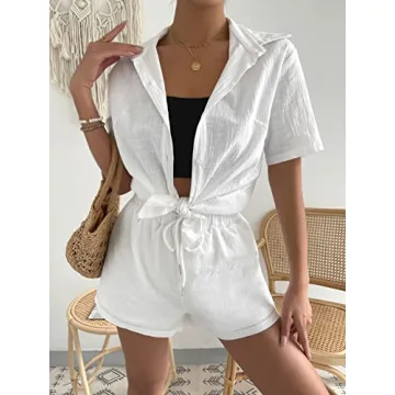 MakeMeChic Women's Casual 2-Piece Blouse and Short Set