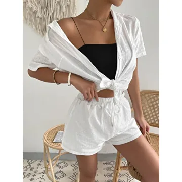 MakeMeChic Women's Casual 2-Piece Blouse and Short Set