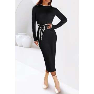 MEROKEETY Women's 2024 Long Sleeve Midi Sweater Dress Fall Mock Neck Color Block Tie Waist Bodycon K...
