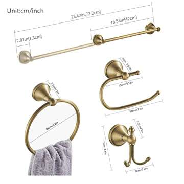 WINCASE Brass Bathroom Accessories Set, Antique Adjustable Towel Bar Sets, Bath Hardwares Fixture Set Vintage Brushed Brass Wall Mounted