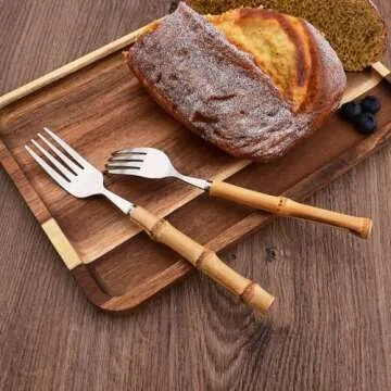 Uniturcky Bamboo Silverware Ser, 24-Piece Natural Bamboo Flatware Cutlery Set for 6, Stainless Steel Silver Head with Bamboo Handle, Include knife Fork Spoon Utensil for Daily Use and Party, Reusable