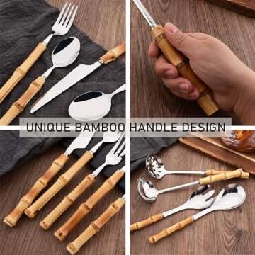 Uniturcky Bamboo Silverware Ser, 24-Piece Natural Bamboo Flatware Cutlery Set for 6, Stainless Steel Silver Head with Bamboo Handle, Include knife Fork Spoon Utensil for Daily Use and Party, Reusable