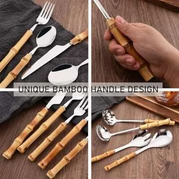 Uniturcky Bamboo Silverware Ser, 24-Piece Natural Bamboo Flatware Cutlery Set for 6, Stainless Steel Silver Head with Bamboo Handle, Include knife Fork Spoon Utensil for Daily Use and Party, Reusable