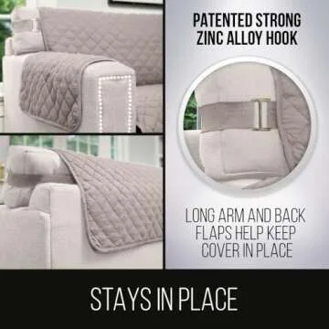 Sofa Shield Couch Slip Cover with Patented Strap, Cushion Protector, Reversible Stain and Dog Tear Resistant Slipcover, Quilted Microfiber 70” Seat, Washable Covers for Dogs Pets Kids, Light Taupe