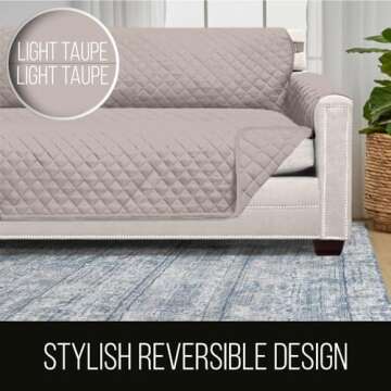 Sofa Shield Couch Slip Cover with Patented Strap, Cushion Protector, Reversible Stain and Dog Tear Resistant Slipcover, Quilted Microfiber 70” Seat, Washable Covers for Dogs Pets Kids, Light Taupe