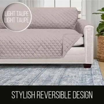 Sofa Shield Couch Slip Cover with Patented Strap, Cushion Protector, Reversible Stain and Dog Tear Resistant Slipcover, Quilted Microfiber 70” Seat, Washable Covers for Dogs Pets Kids, Light Taupe