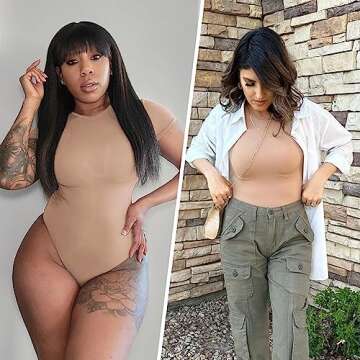 SHAPERX Women's Fit Everybody Bodysuit Soft Crew Neck T-shirt Body Suits with Thong Design, SZ5249-Sienna-XL