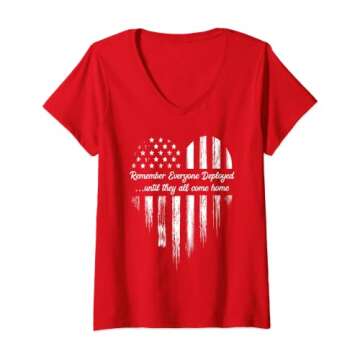 Womens Remember Everyone Deployed Red Friday American Flag Heart V-Neck T-Shirt