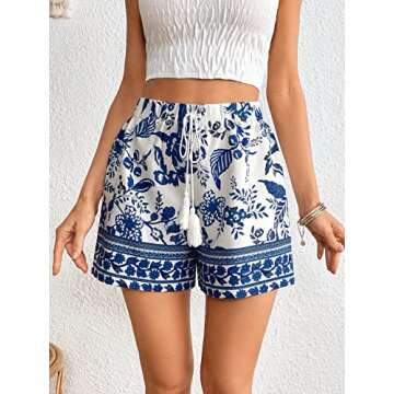 WDIRARA Women's Loose Boho Casual Summer Shorts Floral Print Elastic High Waist Knot Comfy Wide Leg Shorts Blue and White XS