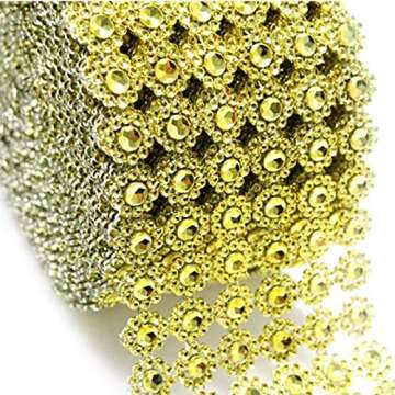 Gold Mesh Ribbon Flower Shape Rhinestone Ribbon Mesh Wrap Roll Diamond Bling Mesh for Wedding Decorations, Wedding Cake, Birthdays, Party Supplies, Arts & Crafts, 4" x 10 Yards (30 ft) 1 Roll