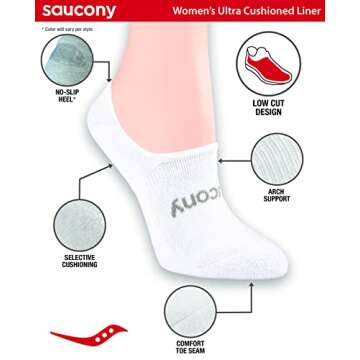 Saucony womens 8 Pairs No Show Cushioned Invisible Liner Socks, White (8 Pairs), Shoe Size 4-7 US