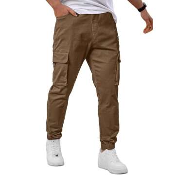 JMIERR Men's Slim Fit Cargo Pants Drawstring Stretch Waist Twill Joggers Trousers with Zipper Pockets, S, Brown