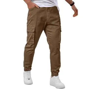 JMIERR Men's Slim Fit Cargo Pants Drawstring Stretch Waist Twill Joggers Trousers with Zipper Pockets, S, Brown