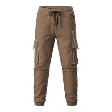 JMIERR Men's Slim Fit Cargo Pants Drawstring Stretch Waist Twill Joggers Trousers with Zipper Pockets, S, Brown