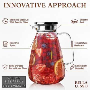 Glass Pitcher with Lid - Water Carafe 2.2L / 74oz - Iced Tea, Juice, Milk, Coffee, Lemonade - Borosi...
