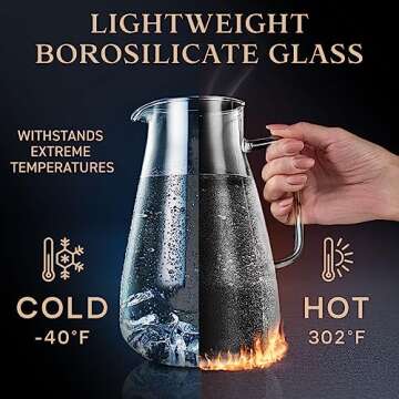 Glass Pitcher with Lid - Water Carafe 2.2L / 74oz - Iced Tea, Juice, Milk, Coffee, Lemonade - Borosilicate Boiling Glassware - Hot & Cold Beverages - 0.55 Gallon Jug, Handle & Spout - Premium Gift Box