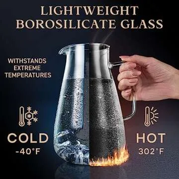 Glass Pitcher with Lid - Water Carafe 2.2L / 74oz - Iced Tea, Juice, Milk, Coffee, Lemonade - Borosilicate Boiling Glassware - Hot & Cold Beverages - 0.55 Gallon Jug, Handle & Spout - Premium Gift Box