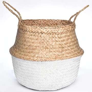 Foldable Medium White Bottom Seagrass Belly Basket with Handles for Storage, Nursery Laundry Tote Beach Bag Plant Pots Cover Indoor Decorative