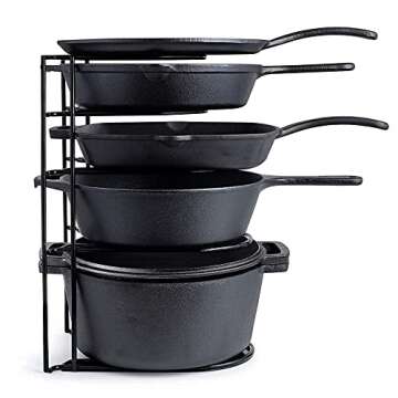 Heavy Duty Pan Organizer + Pan Scraper Tool, Extra Large 5 Tier Rack - Holds Cast Iron Skillets, Dut...