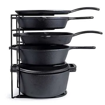 Heavy Duty Pan Organizer + Pan Scraper Tool, Extra Large 5 Tier Rack - Holds Cast Iron Skillets, Dut...