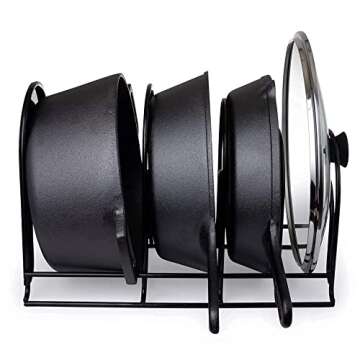 Heavy Duty Pan Organizer + Pan Scraper Tool, Extra Large 5 Tier Rack - Holds Cast Iron Skillets, Dutch Oven, Griddles - Steel Construction - Kitchen Storage - No Assembly Required - Black 15.4-inch