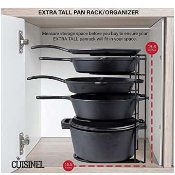 Heavy Duty Pan Organizer + Pan Scraper Tool, Extra Large 5 Tier Rack - Holds Cast Iron Skillets, Dutch Oven, Griddles - Steel Construction - Kitchen Storage - No Assembly Required - Black 15.4-inch
