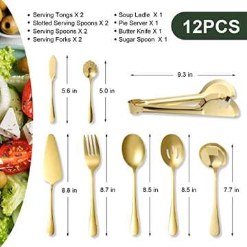 Keyoxy Gold Serving Utensils,12 Pcs Stainless Steel Serving Utensil with Serving Spoon,Slotted Spoons,Forks,Soup Ladle,Serving Tongs,Pie Server,Butter Knife Serving Utensils Set for Parties,Buffe