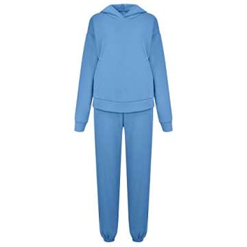 Basysin Long Sleeve Sweatsuit Ladies Two Piece Work Beautiful Sweatsuit Winter Drawstring Jersey Comfort Hooded Soft Solid Sweatsuit Women's Blue