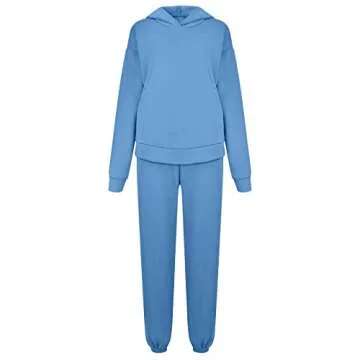 Basysin Long Sleeve Sweatsuit Ladies Two Piece Work Beautiful Sweatsuit Winter Drawstring Jersey Comfort Hooded Soft Solid Sweatsuit Women's Blue