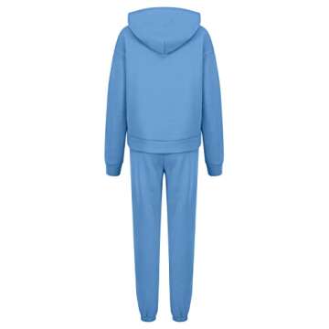 Basysin Long Sleeve Sweatsuit Ladies Two Piece Work Beautiful Sweatsuit Winter Drawstring Jersey Comfort Hooded Soft Solid Sweatsuit Women's Blue