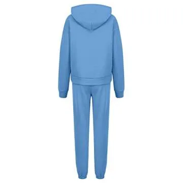 Basysin Long Sleeve Sweatsuit Ladies Two Piece Work Beautiful Sweatsuit Winter Drawstring Jersey Comfort Hooded Soft Solid Sweatsuit Women's Blue