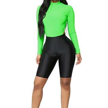 SUNFEXOY Biker Shorts for Women,High-Waisted Shiny Neon Bright Active Workout Yoga Pants Running Shorts Knee Length