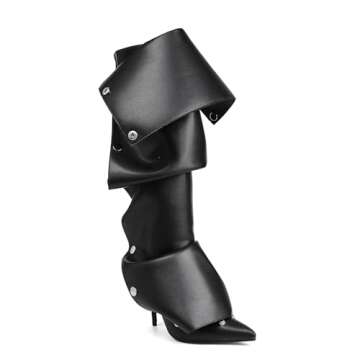 Arqa Womens Stiletto Heel Knee High Boots Pointed Toe Applique Denim Boot with Zipper Silver Buttons Fall Slouchy Boot Black Size 8.5