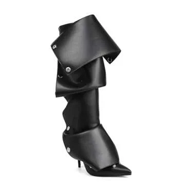 Arqa Womens Stiletto Heel Knee High Boots Pointed Toe Applique Denim Boot with Zipper Silver Buttons Fall Slouchy Boot Black Size 8.5