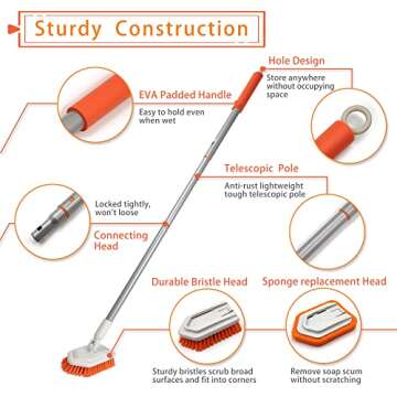 JEHONN 2-in-1 Tub and Tile Cleaning Brush with Long Handle, Shower Scrubber with Detachable Stiff Br...