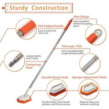 JEHONN 2-in-1 Tub and Tile Cleaning Brush with Long Handle, Shower Scrubber with Detachable Stiff Br...