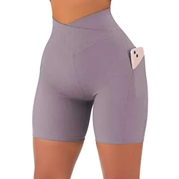SUUKSESS Women Cross Waist Workout Shorts with Pockets Ribbed High Waisted Booty Biker Shorts (#1 Purple, S)