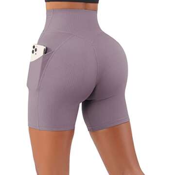 SUUKSESS Women Cross Waist Workout Shorts with Pockets Ribbed High Waisted Booty Biker Shorts (#1 Purple, S)