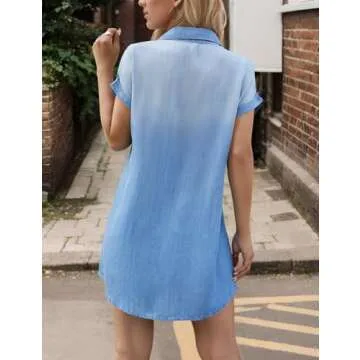 Zilcremo Women Denim Shirt Dresses Short Sleeve Distressed Jean Dress Button Down Casual Tunic Tops Blue L