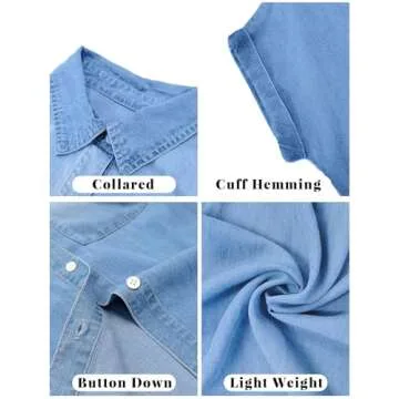 Zilcremo Women Denim Shirt Dresses Short Sleeve Distressed Jean Dress Button Down Casual Tunic Tops Blue L