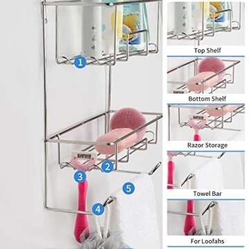 Rustproof Shower Caddy with Hooks & Towel Rack